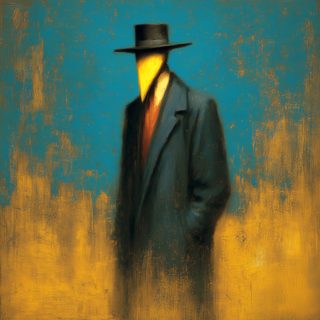 A man in a black wide-brimmed hat and dark coat, his face a blank glowing-yellow void, against a teal and ochre ground.