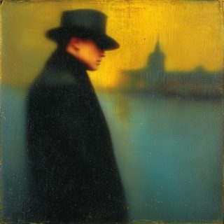 A hatted figure at dusk, the face smeared and running reddish, a faint waterfront dissolving behind him.