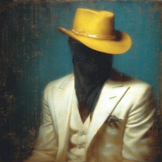 A figure in a white three-piece suit and yellow hat whose face is a clean black void, a man-shaped hole.