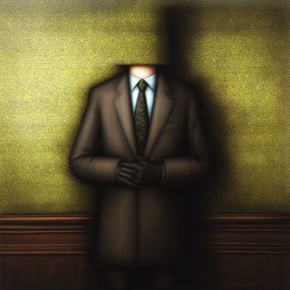 A suited man dissolving upward into grey smoke, gloves still on, the head all but gone.