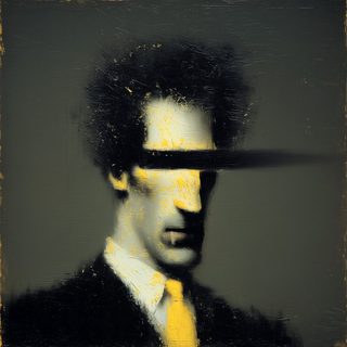 A dark portrait with a single horizontal yellow paint-bar drawn across the eyes.