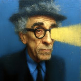An old-master-style portrait in a yellow tie, the face scraped and flecked, gold scratches raked across the eyes.
