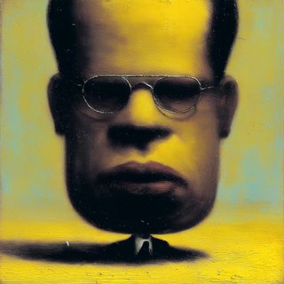 A dark face in aviator sunglasses against a flat yellow ground.