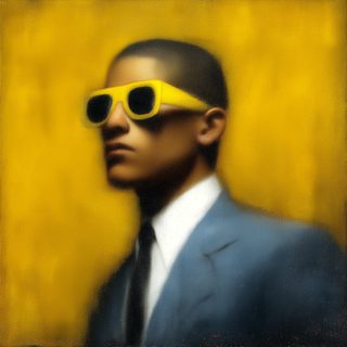 A figure in yellow-tinted glasses turning his gaze aside in warm yellow light.