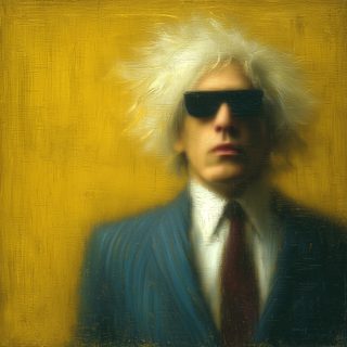A pop-art icon with white-blond hair, black rectangular shades and a red tie, flatly lit.