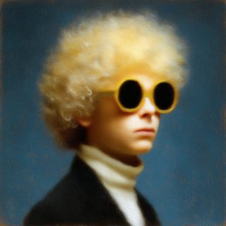 A blond dandy with black disc-eyes in an out-of-time coat and stock, like a powdered portrait gone wrong.