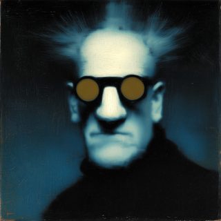 A frontal head with blue-white skin and opaque amber goggles for eyes, lit like an icon.