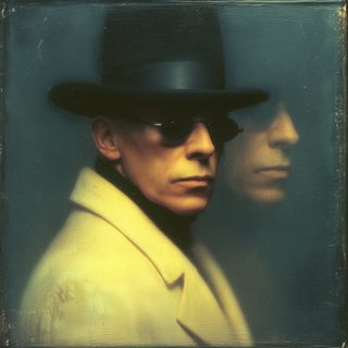 A hatted man in profile shadowed by a second identical profile behind him, dusk tones.