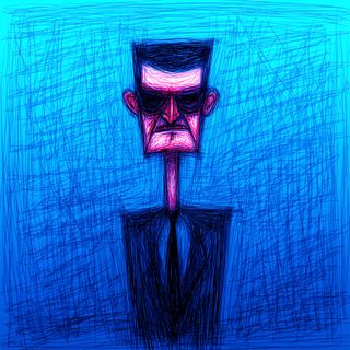 A blocky head scribbled in ballpoint blue on a deep blue ground, set on a small plinth.