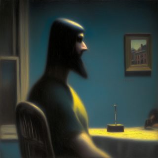 A long-haired silhouette in profile in a blue room, a framed picture on the wall.