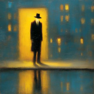 A lone figure at a lit doorway in a blue night city, light reflecting on the wet ground.