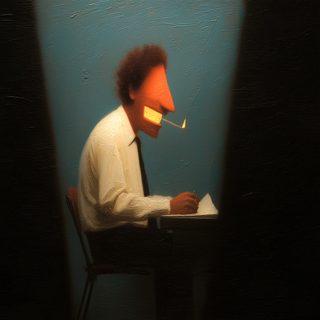 A man at a table reading by the small flare of a struck match in the dark.