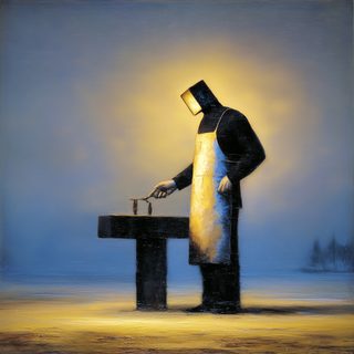 An aproned officiant standing at a dark table, a faint cathedral behind him.