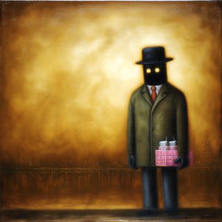 A hatted figure with glowing eyes holding out a tray of small pink-and-silver canisters.