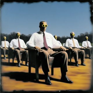 Rows of identical seated men in suits and yellow glasses, an assembly line of faces.
