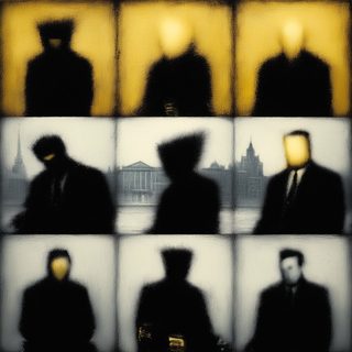 A grid of blurred, faceless suited men, processed and identical.