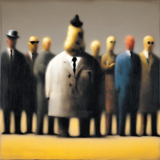 A crowd of blank-faced men in suits shoulder to shoulder, vertical gaps of light between them.