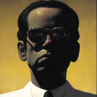 A dark frontal face in heavy glasses above a faint frieze of tiny figures.