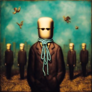 A blank-headed figure in a suit whose necktie hangs like a noose, small birds and figures around him.
