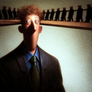 A man in suit and tie before a long receding line of identical figures, the queue going on without him.