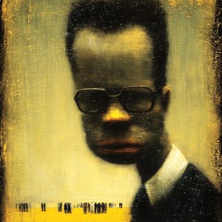 A Black man in large 1970s glasses and a suit standing over a small frieze of a crowd.