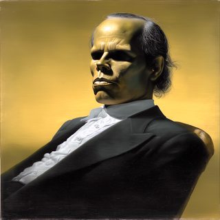 A heavy-set man in a pale suit and dark glasses, hard-lit and looming.