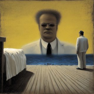 A lone watcher on a deck before a colossal head rising over a seaside asylum.