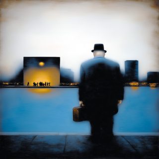 A man seen from behind with a briefcase, facing a lit cube where a tiny crowd files in.