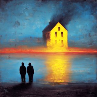 Two silhouettes watching a glowing, burning house across dark water.