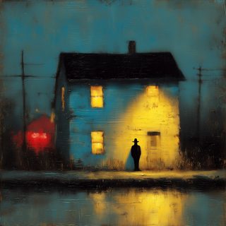 A lone hatted figure outside a dark blue house at night, one window glowing yellow.