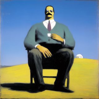 A seated man in suit and tie on a bare plain, a far white dome on the horizon.