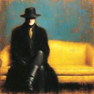 A man in a black hat seated before a long yellow sofa in an empty room.