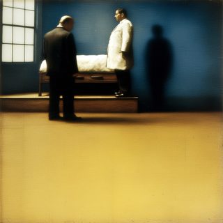 An institutional tableau: attendants flanking a bed or bier, a large shadow thrown on the wall.