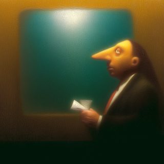 A grotesque long-nosed clerk in profile holding a small white card.