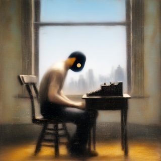 A man hunched typing at a desk by a window, the city beyond going dark.