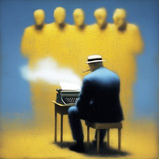 A writer at a typewriter watched by five looming pale-yellow figures.