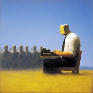 A figure typing on a bare yellow plain, a row of small watching figures behind him.