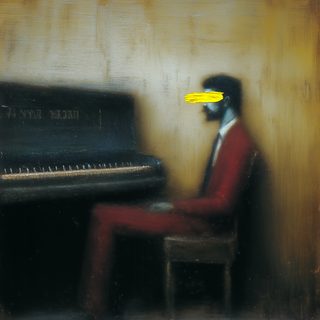 A red-suited figure at an upright piano, the face scribbled out in yellow.