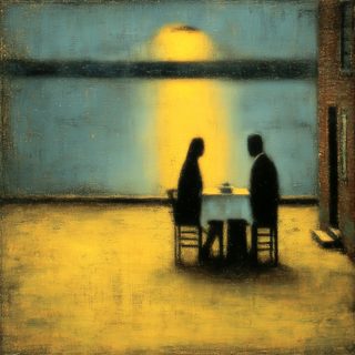 Two silhouettes at a small table beneath a yellow sun or moon over water.