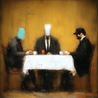Three figures at a white-clothed table in an ochre room.