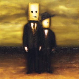 Two figures in a field, one wearing a drawn paper-bag face, the other blank.