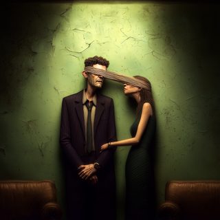 Two figures pressed close, a single band binding and blinding both their eyes.
