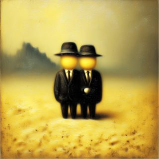 Two men in hats with glowing yellow faces standing in a yellow field.