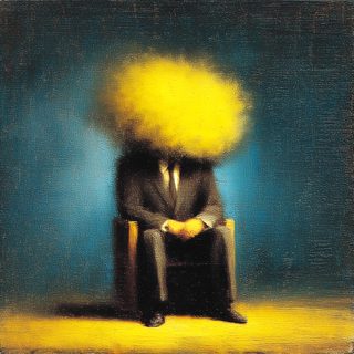 A seated man whose head has become a cloud of blazing yellow light.