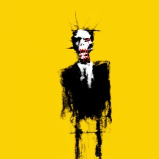 A black skeletal figure with a small crowned head on a flat brilliant-yellow ground.