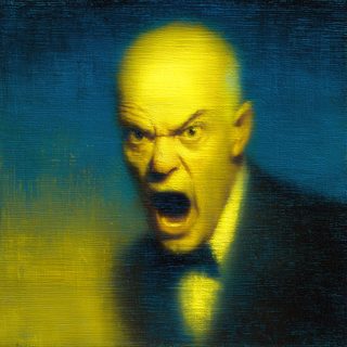 A bald, yellow-faced man, mouth torn wide open in a scream, against blue.