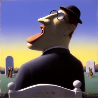 A bowler-hatted figure standing among pale headstones.