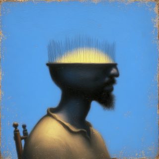 A profile whose head is a burning bowl, a yellow brush-flame rising against blue.