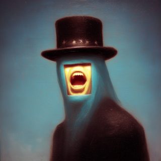 A top-hatted figure with a blank face, light pouring from an open mouth.