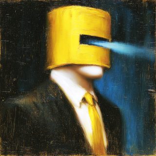 A seated figure in a yellow tie, the head a guttering smear of light going dark.